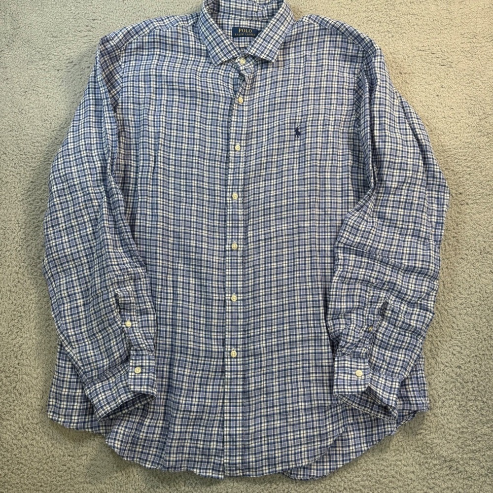 Polo Ralph Lauren Mens XXL Blue White Plaid 100% Linen Button Down Shirt